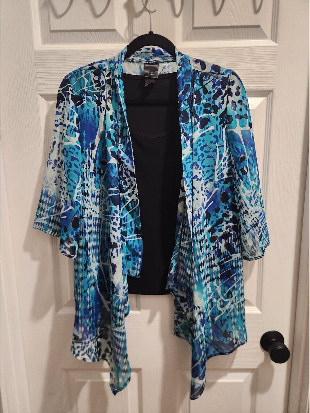 j.t.b. Women's Blue Patterned Open Front Kimono Cardigan & Tank Top, Size Large